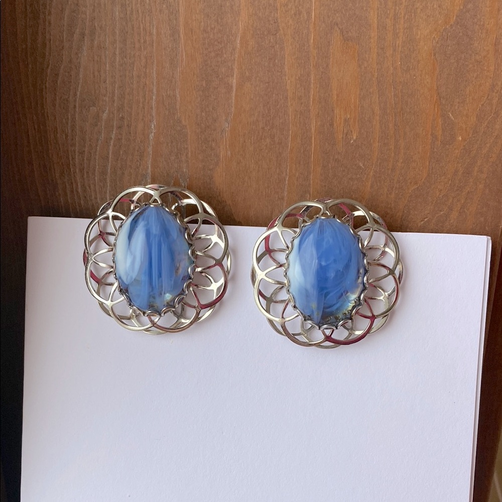 Vintage style ornate earrings, large oval blue and silver